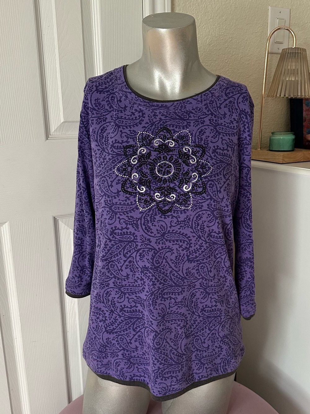 Made for Life Y2K Purple Paisley Pattern Mandala Graphic Quarter Sleeve Tee